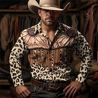 Leopard Floral Vintage western style Men's Shirt Western Shirt Outdoor Street Casual Daily Fall  Winter Turndown Long Sleeve Brown Gray S M L Shirt Lightinthebox - thumbnail