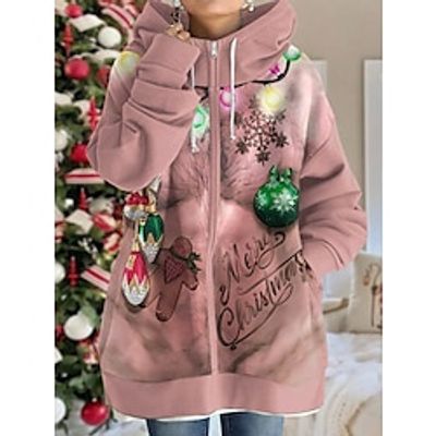Women's Ugly Christmas Jacket Party Xmas Hooded Coat Winter Drawstring Zipper Jacket Green Loose Fit Outerwear Long Sleeve Fall Lightinthebox