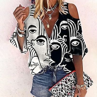 Women's Blouse Abstract Portrait Daily Weekend Portrait Blouse Shirt Long Sleeve Cut Out Quarter Zip Print V Neck Casual Streetwear Black S / 3D Print miniinthebox