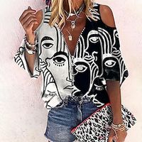 Women's Blouse Abstract Portrait Daily Weekend Portrait Blouse Shirt Long Sleeve Cut Out Quarter Zip Print V Neck Casual Streetwear Black S / 3D Print miniinthebox - thumbnail