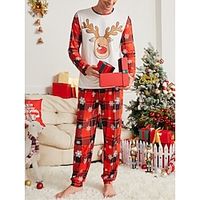 Men's Christmas Pajamas Loungewear Sleepwear Pajama Set 2 Pieces Plaid Elk Stylish Casual Comfort Home Christmas Daily Polyester Comfort Soft Crew Neck Long Sleeve T shirt Tee Pant Drawstring Elastic Lightinthebox - thumbnail