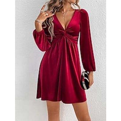 Women's Velvet Dress Casual Dress A Line Dress Mini Dress Twist Knot Front Street Date Vacation Streetwear A Line V Neck Long Sleeve Slim Wine Color S M L XL Size Lightinthebox