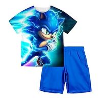 2 Pieces Kids Boys T-shirt  Shorts Clothing Set Outfit Cartoon Short Sleeve Print Set Outdoor Sports Fashion Cool Spring Summer 3-13 Years Blue Lightinthebox - thumbnail