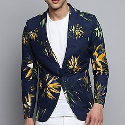 Floral Business Men's Coat Blazer Work Wear to work Going out Fall  Winter Turndown Long Sleeve Dark Navy Royal Blue Blue S M L Polyester Weaving Jacket Lightinthebox
