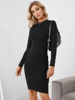 YOINS BASICS Black Round Neck Long Sleeve Midi Dress - thumbnail