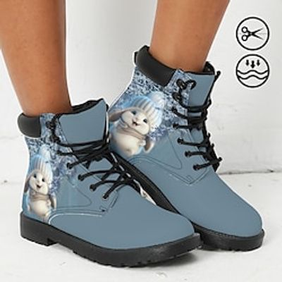 Women's Boots Print Shoes Combat Boots Plus Size Outdoor Daily Animal Patterned 3D Pets Booties Ankle Boots Winter Flat Heel Round Toe Closed Toe Fashion Casual Faux Leather Lace-up Blue Lightinthebox