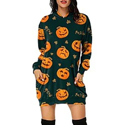 Women's Pullover Hoodie Sweatshirt Hoodie Dress Halloween Pumpkin Print Halloween Casual 3D Print Streetwear Halloween Hoodies Sweatshirts  Purple Green Beige miniinthebox