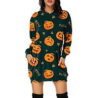 Women's Pullover Hoodie Sweatshirt Hoodie Dress Halloween Pumpkin Print Halloween Casual 3D Print Streetwear Halloween Hoodies Sweatshirts  Purple Green Beige miniinthebox - thumbnail