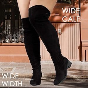 Women's Boots Wide Calf Boots Suede Shoes Plus Size Outdoor Daily Fleece Lined Over The Knee Boots Thigh High Boots Flat Heel Round Toe Elegant Vacation Vintage Suede Lace-up Black miniinthebox