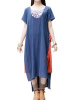 Vintage Print Patchwork Tie Short Sleeve O-neck Dress For Women