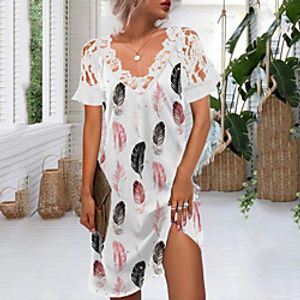 Women's T Shirt Dress Tee Dress Knee Length Dress White Short Sleeve Floral Lace Print Summer V Neck Casual 2021 S M L XL XXL 3XL miniinthebox