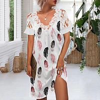 Women's T Shirt Dress Tee Dress Knee Length Dress White Short Sleeve Floral Lace Print Summer V Neck Casual 2021 S M L XL XXL 3XL miniinthebox - thumbnail