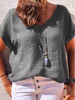 V-neck Casual Loose Solid Color Short-sleeved Blouse