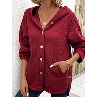 Women's Hoodie Sweatshirt Textured Plain Streetwear Button Pocket Red Dailywear Casual Hooded Long Sleeve Top Micro-elastic Fall  Winter Lightinthebox