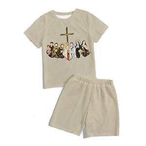 2 Pieces Kids Boys T-shirt  Shorts Clothing Set Outfit Cross Short Sleeve Crewneck Set Outdoor Vintage Cool Daily Spring Summer 3-13 Years Khaki Lightinthebox