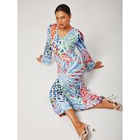 Women's Watercolor Leopard Print Bodycon Maxi Dress V Neck Flare Sleeve Stretch Fabric Wrap Style Elegant Stylish Casual Bold Print Daily Work Fall