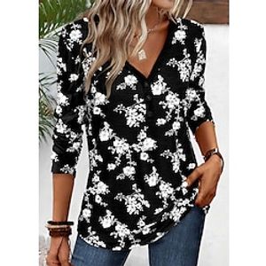 Women's T shirt Tee Henley Shirt Floral Black Print Button Long Sleeve Casual Holiday Fashion V Neck Regular Fit Spring   Fall Lightinthebox