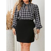 Women's Plus Size Curve Work Dress Dress Set Two Piece Dress Houndstooth Mini Dress Long Sleeve Lace up Print V Neck Fashion Office Black Fall Winter XL 2XL 3XL 4XL Lightinthebox - thumbnail
