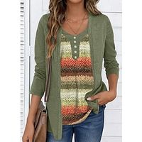 Women's Shirt Blouse Graphic Light Brown Blue Brown Print Long Sleeve Casual Fashion V Neck Regular Fit Spring   Fall Lightinthebox - thumbnail