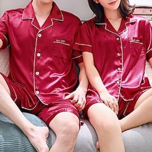 Matching Pajamas Sets Couple Silk Button Down Nightwear Short Sleeve Sleepwear 2 Pieces Loungewear with Shorts Lightinthebox