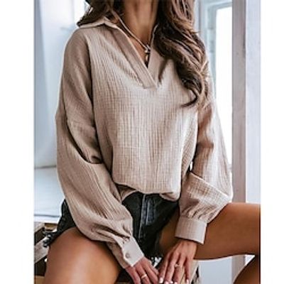 Women's Shirt Blouse Black White Pink Plain Long Sleeve Casual Basic Shirt Collar Regular Cotton Lantern Sleeve S miniinthebox