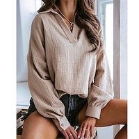 Women's Shirt Blouse Black White Pink Plain Long Sleeve Casual Basic Shirt Collar Regular Cotton Lantern Sleeve S miniinthebox - thumbnail