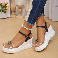 Women's Sandals Wedge Sandals Daily Beach Rhinestone Platform Wedge Peep Toe Bohemia Casual Comfort PU Ankle Strap Silver Black Gold Lightinthebox