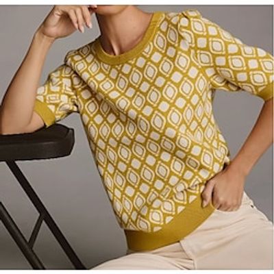 Women's Pullover Sweater Jumper Crew Neck Ribbed Knit Wool Blend Braided Thin Drop Shoulder Spring Fall Winter Regular Work Daily Holiday Stylish Elegant Casual Short Sleeves Argyle Yellow S M L Lightinthebox Women's Pullover Sweater Jumper Crew Neck Ribbed Knit Wool Blend Braided Thin Drop Shoulder Spring Fall Winter Regular Work Daily Holiday Stylish Elegant Casual Short Sleeves Argyle Yellow S M L Lightinthebox