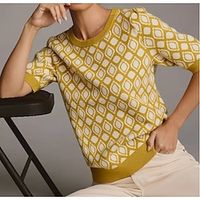 Women's Pullover Sweater Jumper Crew Neck Ribbed Knit Wool Blend Braided Thin Drop Shoulder Spring Fall Winter Regular Work Daily Holiday Stylish Elegant Casual Short Sleeves Argyle Yellow S M L Lightinthebox - thumbnail