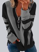 Casual Color Matching Zipper V-Neck Long-Sleeved T-Shirt - thumbnail