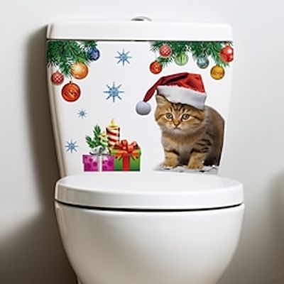 Christmas Cat Toilet Stickers, Self-adhesive Wall Stickers, Bathroom Decoration Decals, Toilet Lid Decorative Sticker, Toilet Lid Decal, Toilet Cover Sticker, Restroom Renovation Removable Stickers Lightinthebox