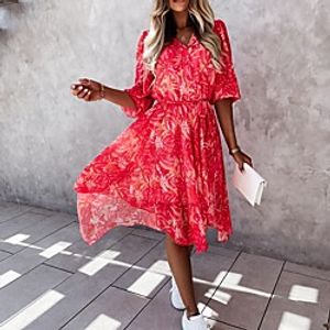 Women's Sheath Dress Knee Length Dress Blue Blushing Pink Red Half Sleeve Floral Summer V Neck Elegant Casual 2021 S M L XL XXL miniinthebox