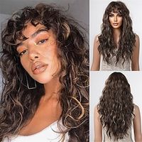 Long Brown Curly Wigs for Women Deep Wave Wigs with Bangs Synthetic Heat Resistant Wigs with Highlights Lightinthebox