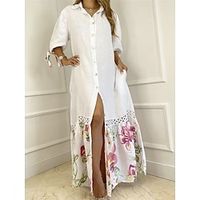 Women's Shirt Dress Casual Dress Maxi long Dress Date Vacation Polyester Maxi Modern Shirt Collar Button Print 34 Length Sleeve Summer Spring Loose Fit White Yellow Pink Floral S M L XL 2XL Lightinthebox