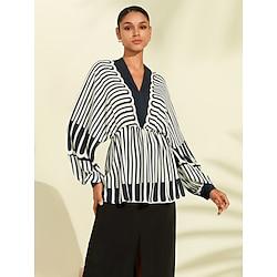 Women's Pullover Stripes Drop Shoulder White Elastic Waistband Chiffon Stripe Long Sleeve Tops V Neck Spring Fall Lightinthebox