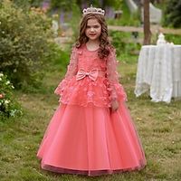 Kids Girls' Party Dress Solid Color Flower Long Sleeve Formal Special Occasion Ruched Mesh Adorable Princess Cotton Polyester Maxi Party Dress Spring Fall Winter 4-13 Years White Pink Red Lightinthebox - thumbnail