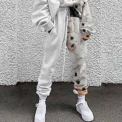 Women's Fashion Casual / Sporty Comfort Daily Weekend Sweatpants Pants Cat Animal Full Length Pocket Elastic Drawstring Design Print White miniinthebox