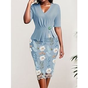 Women's Party Dress Cocktail Dress Bodycon Midi Dress Light Blue Short Sleeve Floral Lace Spring Fall Winter V Neck Fashion Birthday Wedding Guest Vacation 2023 S M L XL XXL Lightinthebox