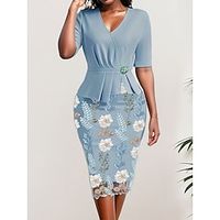 Women's Party Dress Cocktail Dress Bodycon Midi Dress Light Blue Short Sleeve Floral Lace Spring Fall Winter V Neck Fashion Birthday Wedding Guest Vacation 2023 S M L XL XXL Lightinthebox - thumbnail