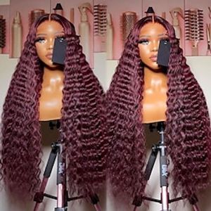 Remy Human Hair 13x4 Lace Front Wig Free Part Brazilian Hair Deep Wave Burgundy Wig 130% 150% Density with Baby Hair Glueless Pre-Plucked For Women Long Human Hair Lace Wig Lightinthebox