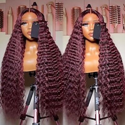 Remy Human Hair 13x4 Lace Front Wig Free Part Brazilian Hair Deep Wave Burgundy Wig 130% 150% Density with Baby Hair Glueless Pre-Plucked For Women Long Human Hair Lace Wig Lightinthebox