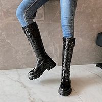 Women's Boots Platform Boots Daily Knee High Boots Zipper Platform Block Heel Round Toe Casual Patent Leather Zipper Solid Color Black White miniinthebox - thumbnail