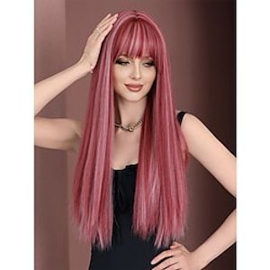 Wigs Highlight Pink Wig With Bangs Long Straight Synthetic Hair Wigs For Woman Party Cosplay Highlight Wig 24inchse miniinthebox