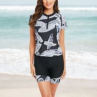 Women's Swimwear Tankini Rash Guard 2 Piece Normal Swimsuit Zipper Tie Dye Push Up Slim Trees  Leaves Black Padded High Neck Bathing Suits Sports Vacation Daily Lightinthebox - thumbnail