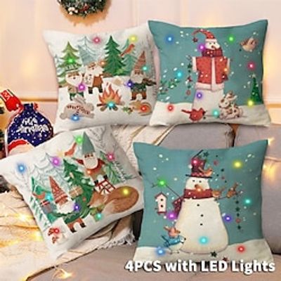Christmas LED Lights Throw Pillow Cover 4PC Snowman Xmas Soft Decorative Square Cushion Pillowcase for Bedroom Livingroom Sofa Couch Chair Superior Quality miniinthebox