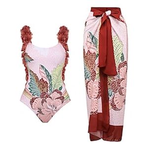 Women's Swimwear One Piece Beach Bottom Normal Swimsuit 2 Piece Printing Floral Burgundy Bodysuit Bathing Suits Sports Beach Wear Summer miniinthebox
