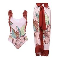 Women's Swimwear One Piece Beach Bottom Normal Swimsuit 2 Piece Printing Floral Burgundy Bodysuit Bathing Suits Sports Beach Wear Summer miniinthebox - thumbnail