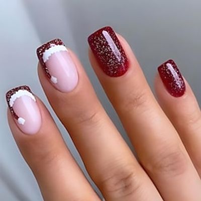 24Pcs Christmas Press on Nails Short Square Fake Nails with Cute Christmas Hat Designs, French Tips Press on Nails Coffin Glossy Winter Acrylic Nails Full Cover False Nail for Women Lightinthebox