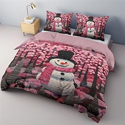 Pink Christmas Snowman Duvet Cover Set Bedding Set, 3 Pieces Comforter Cover Soft Microfiber Festival Bedding Gifts Christmas Decoration For Home  With Quilt Art Lightinthebox