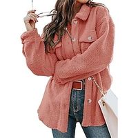 Women's Fleece Shacket Jacket Warm Sherpa Jacket with Pocket Single Breasted Teddy Coat Street Outerwear Long Sleeve Fall Black Lightinthebox - thumbnail